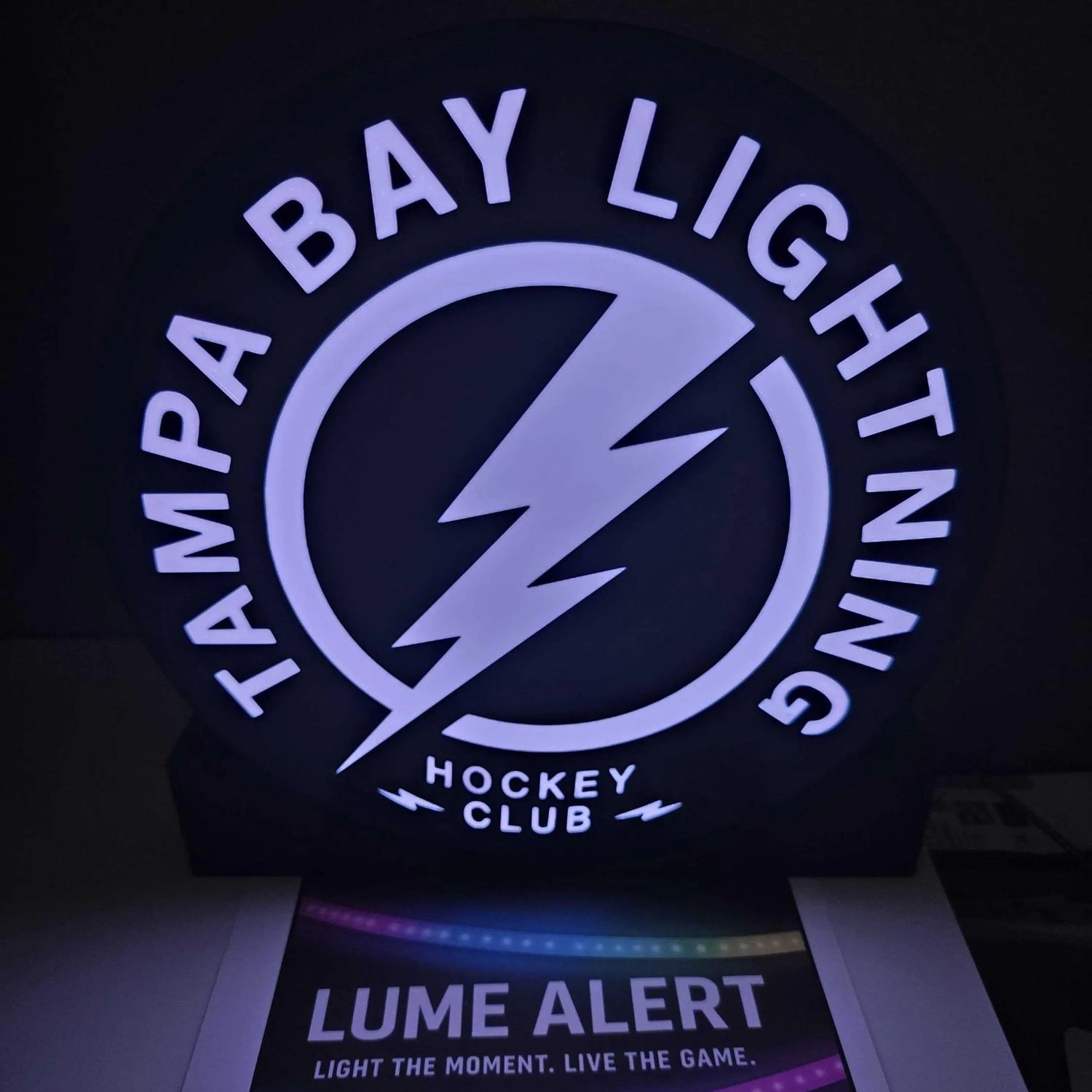 Neon sign of Tampa Bay Lightning hockey club with a poster below on a dark background